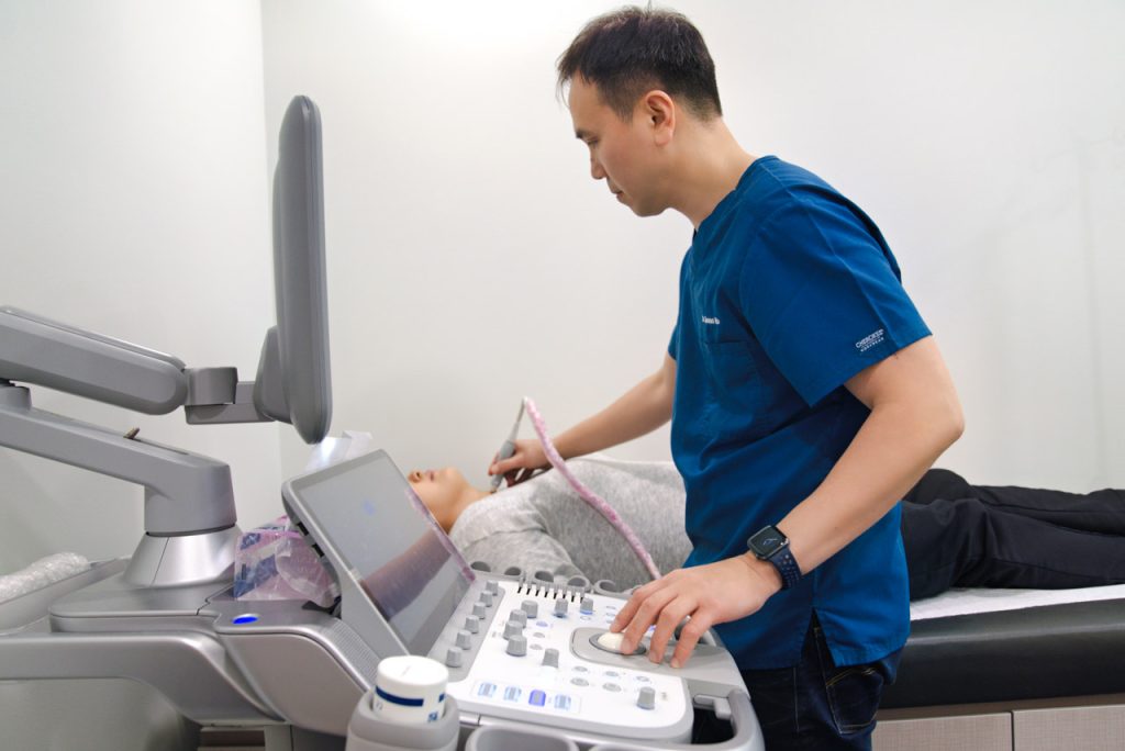Thyroid ultrasound examination being performed to assess possible causes of persistent fatigue